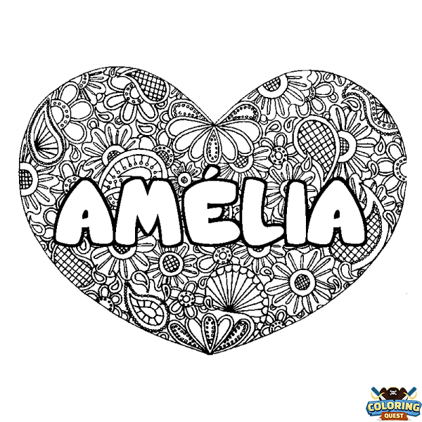 Coloring page first name AM&Eacute;LIA - Heart mandala background