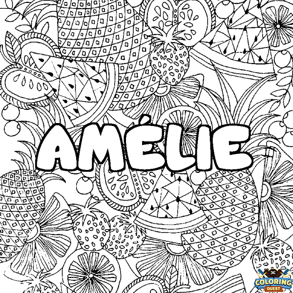 Coloring page first name AM&Eacute;LIE - Fruits mandala background