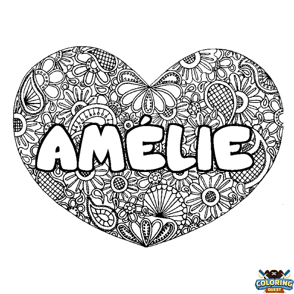 Coloring page first name AM&Eacute;LIE - Heart mandala background