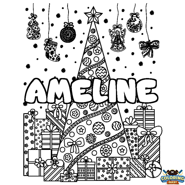 Coloring page first name AMELINE - Christmas tree and presents background