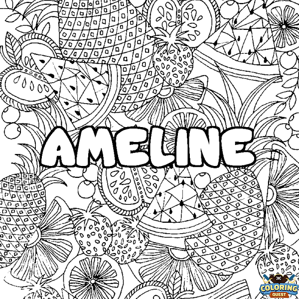 Coloring page first name AMELINE - Fruits mandala background