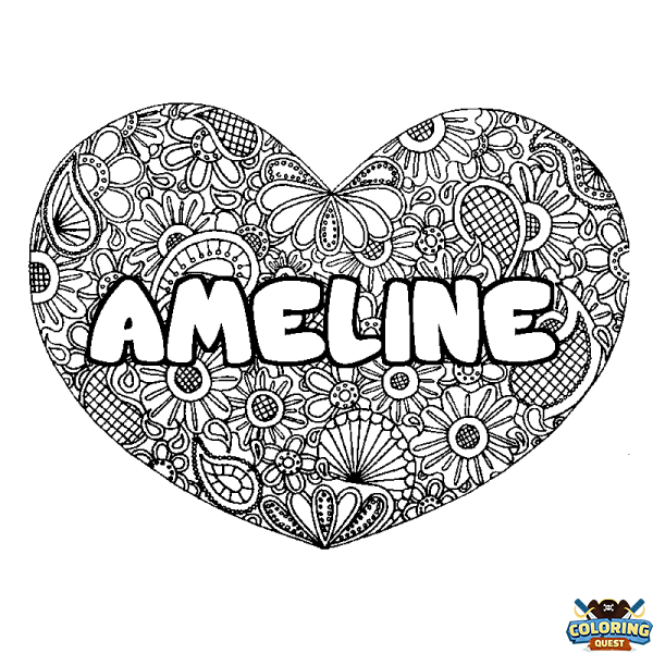 Coloring page first name AMELINE - Heart mandala background