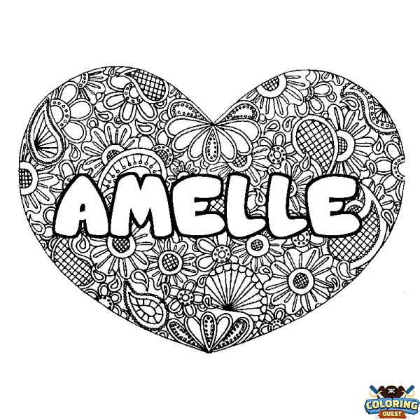 Coloring page first name AMELLE - Heart mandala background