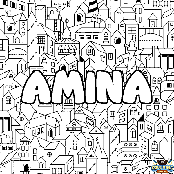 Coloring page first name AMINA - City background