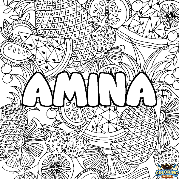 Coloring page first name AMINA - Fruits mandala background