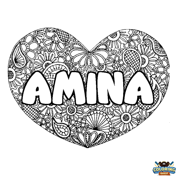 Coloring page first name AMINA - Heart mandala background