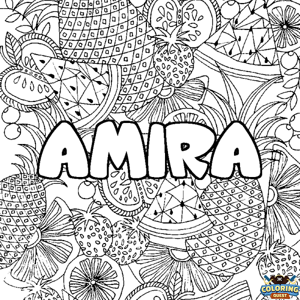 Coloring page first name AMIRA - Fruits mandala background