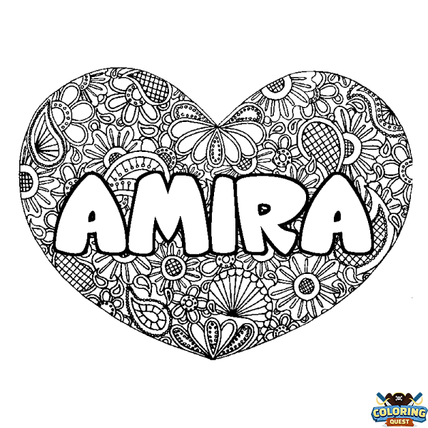 Coloring page first name AMIRA - Heart mandala background