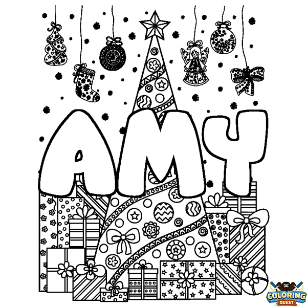 Coloring page first name AMY - Christmas tree and presents background