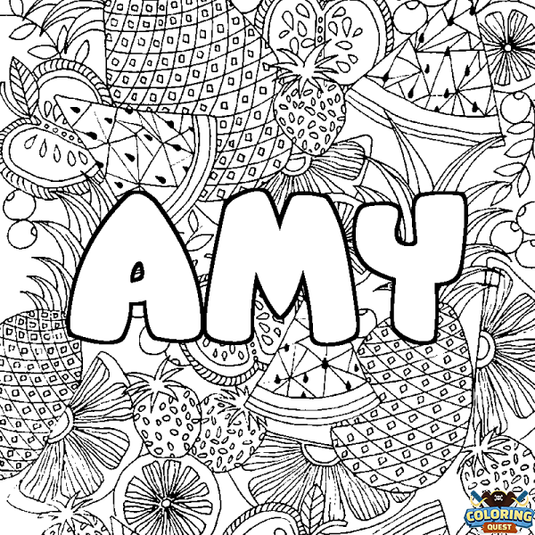 Coloring page first name AMY - Fruits mandala background