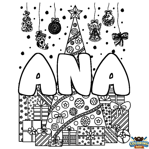 Coloring page first name ANA - Christmas tree and presents background