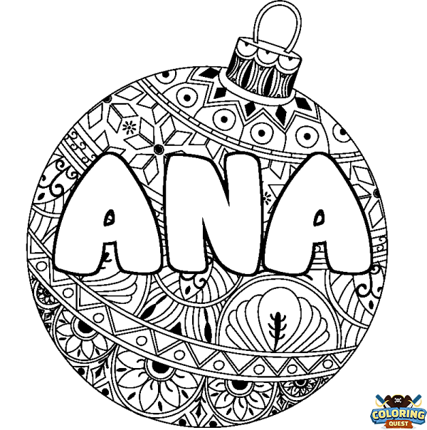 Coloring page first name ANA - Christmas tree bulb background