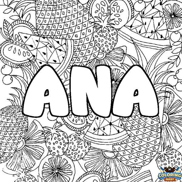 Coloring page first name ANA - Fruits mandala background