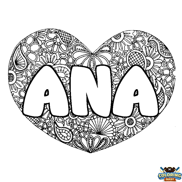 Coloring page first name ANA - Heart mandala background