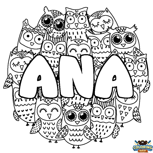 Coloring page first name ANA - Owls background