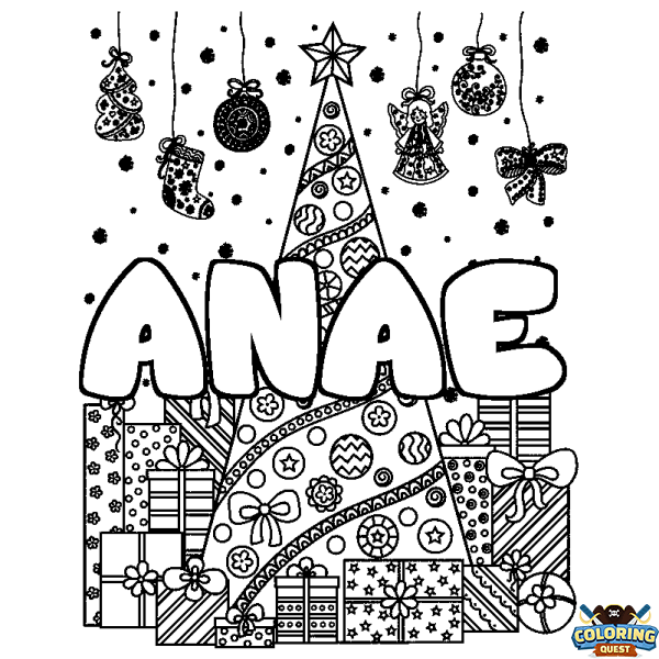 Coloring page first name ANAE - Christmas tree and presents background