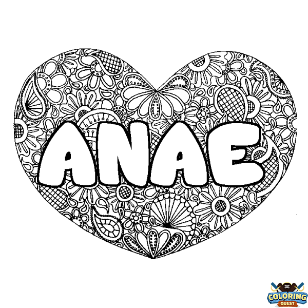 Coloring page first name ANAE - Heart mandala background