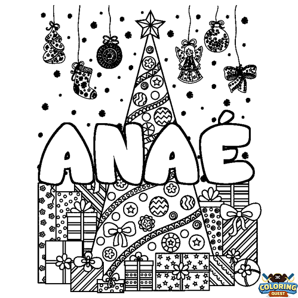 Coloring page first name ANA&Eacute; - Christmas tree and presents background