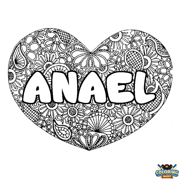 Coloring page first name ANAEL - Heart mandala background