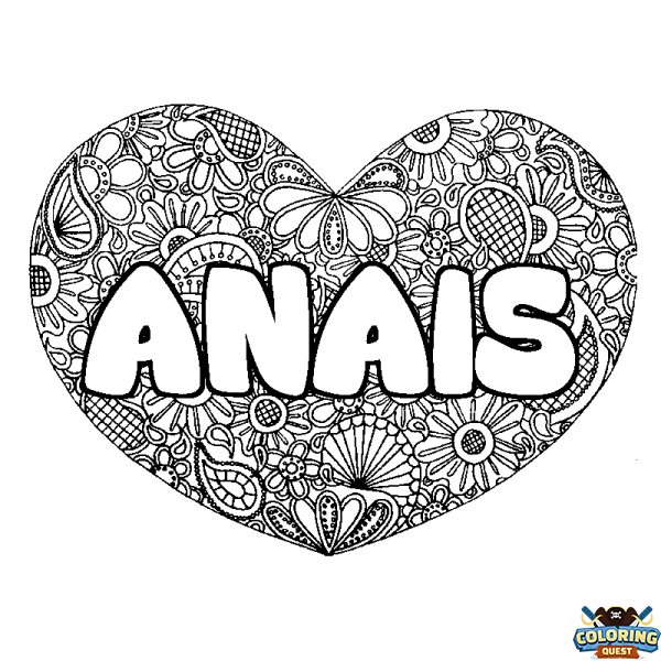 Coloring page first name ANAIS - Heart mandala background