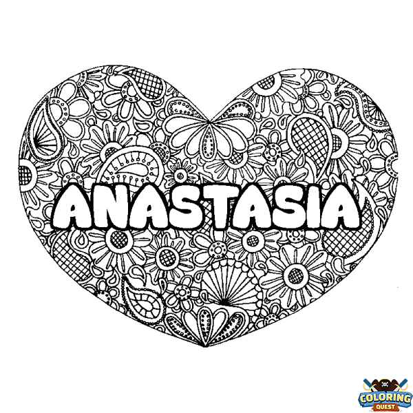 Coloring page first name ANASTASIA - Heart mandala background