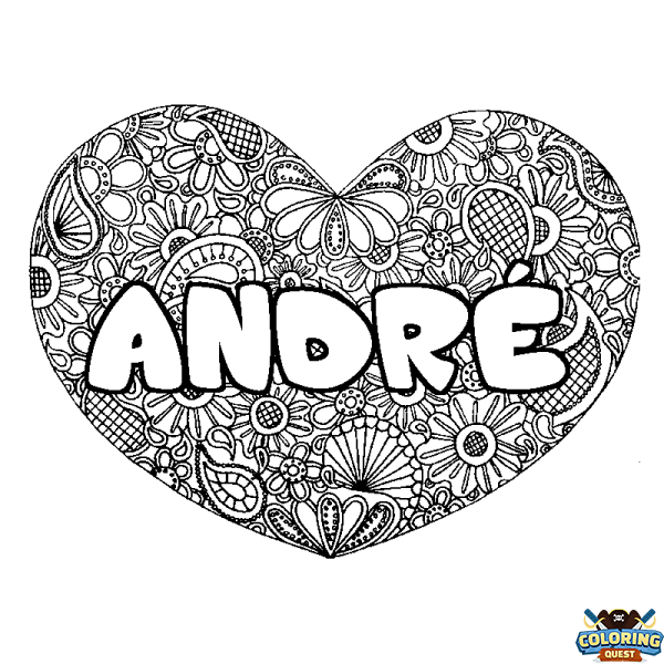 Coloring page first name ANDR&Eacute; - Heart mandala background