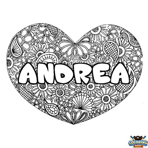 Coloring page first name ANDREA - Heart mandala background