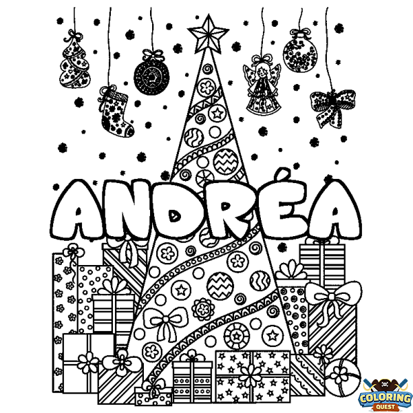 Coloring page first name ANDR&Eacute;A - Christmas tree and presents background