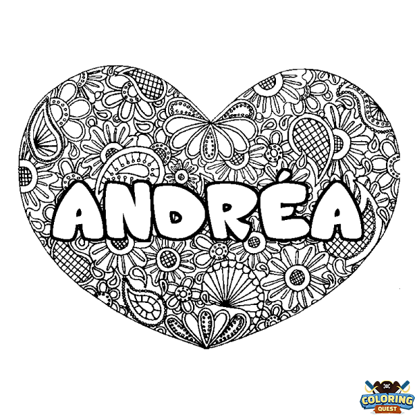 Coloring page first name ANDR&Eacute;A - Heart mandala background