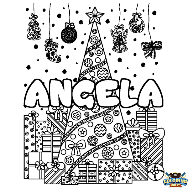 Coloring page first name ANGELA - Christmas tree and presents background