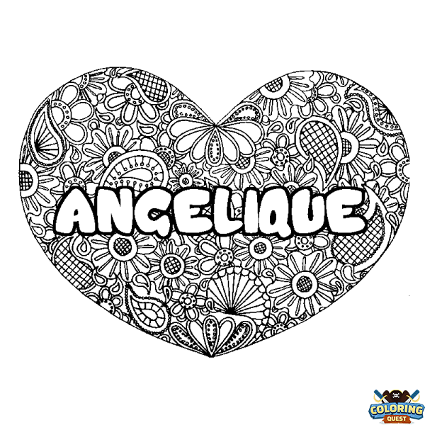 Coloring page first name ANGELIQUE - Heart mandala background