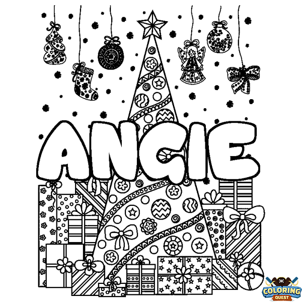 Coloring page first name ANGIE - Christmas tree and presents background