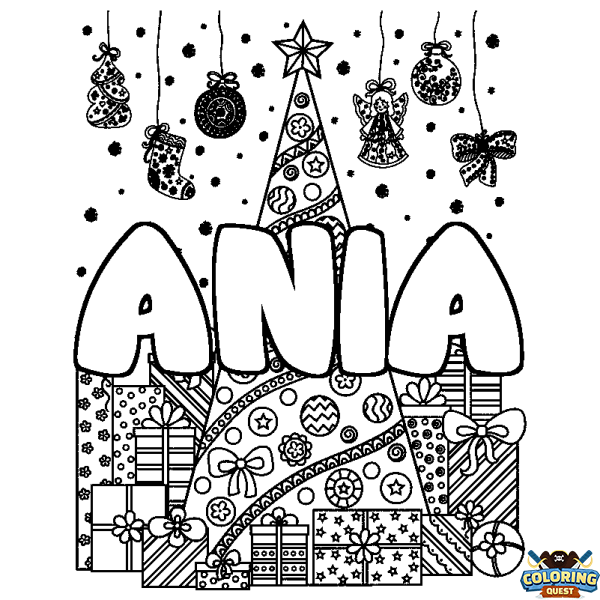 Coloring page first name ANIA - Christmas tree and presents background