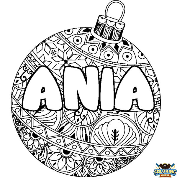 Coloring page first name ANIA - Christmas tree bulb background