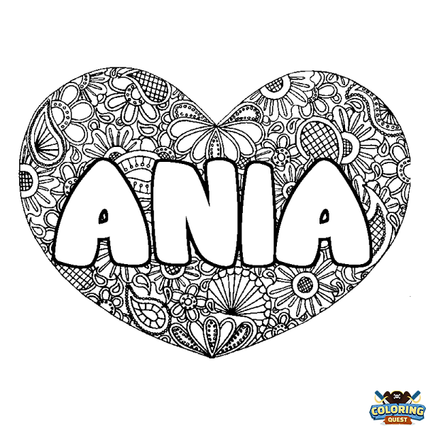 Coloring page first name ANIA - Heart mandala background