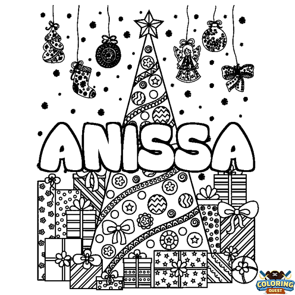 Coloring page first name ANISSA - Christmas tree and presents background