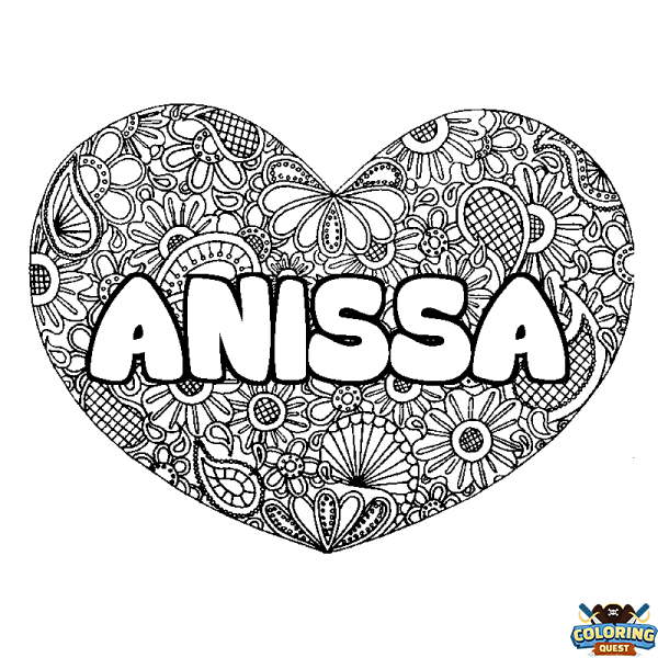 Coloring page first name ANISSA - Heart mandala background