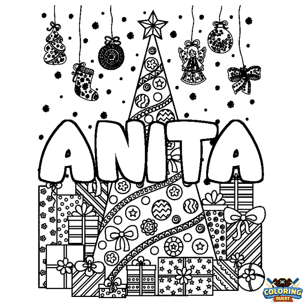 Coloring page first name ANITA - Christmas tree and presents background