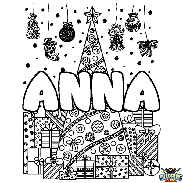 Coloring page first name ANNA - Christmas tree and presents background