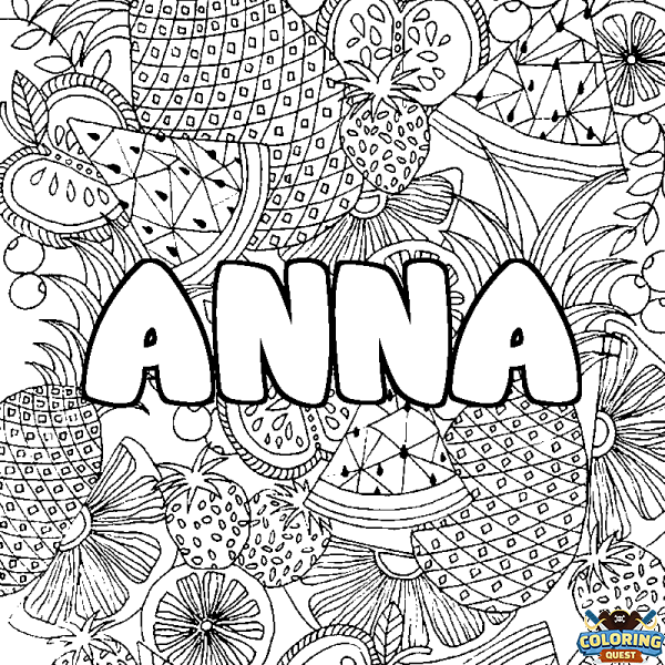 Coloring page first name ANNA - Fruits mandala background