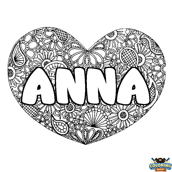 Coloring page first name ANNA - Heart mandala background