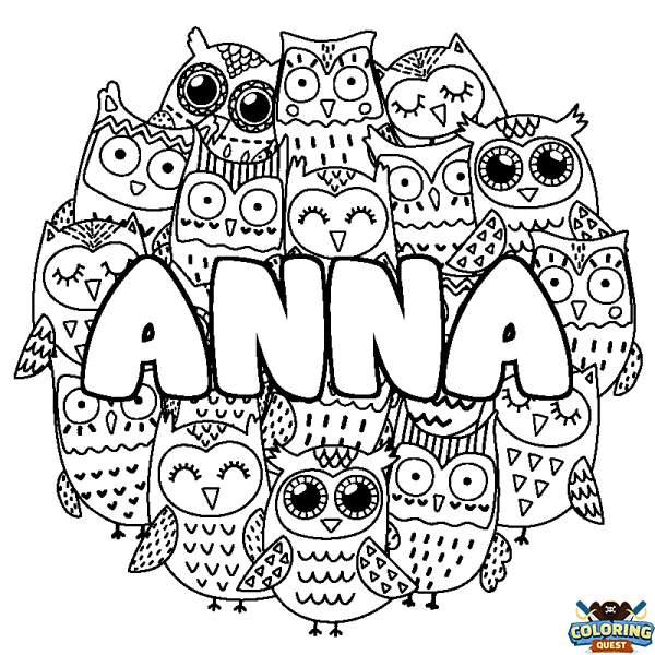 Coloring page first name ANNA - Owls background