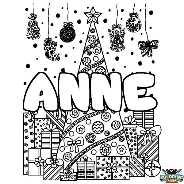 Coloring page first name ANNE - Christmas tree and presents background