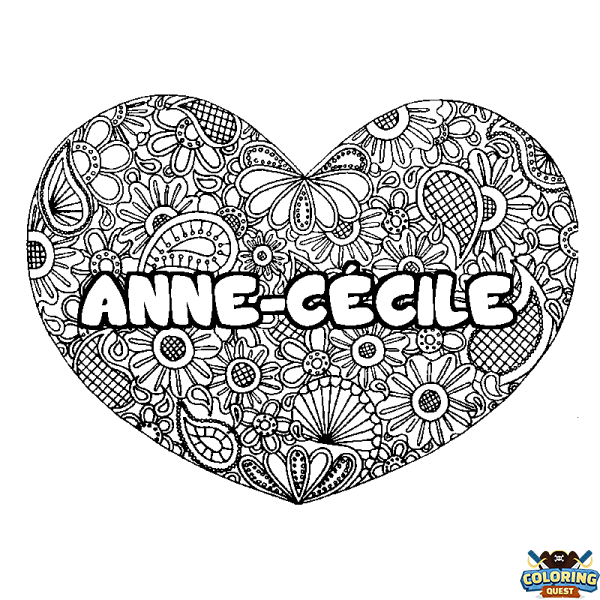 Coloring page first name ANNE-C&Eacute;CILE - Heart mandala background