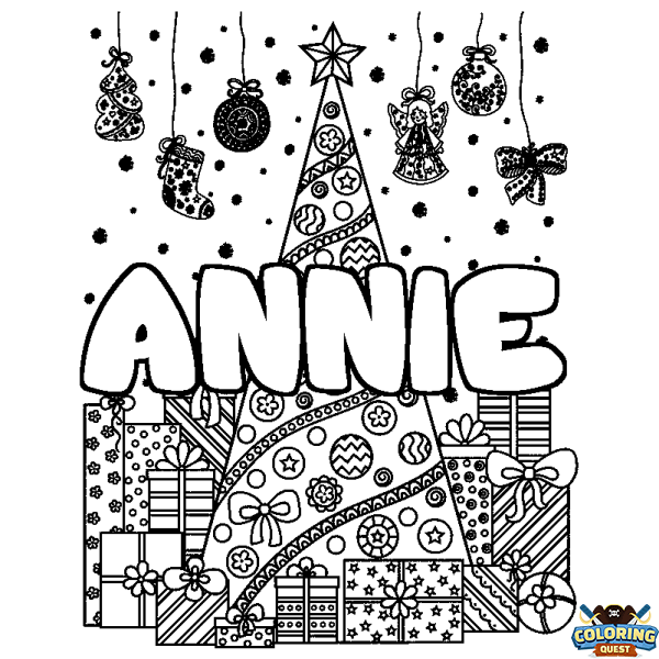 Coloring page first name ANNIE - Christmas tree and presents background