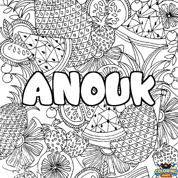 Coloring page first name ANOUK - Fruits mandala background