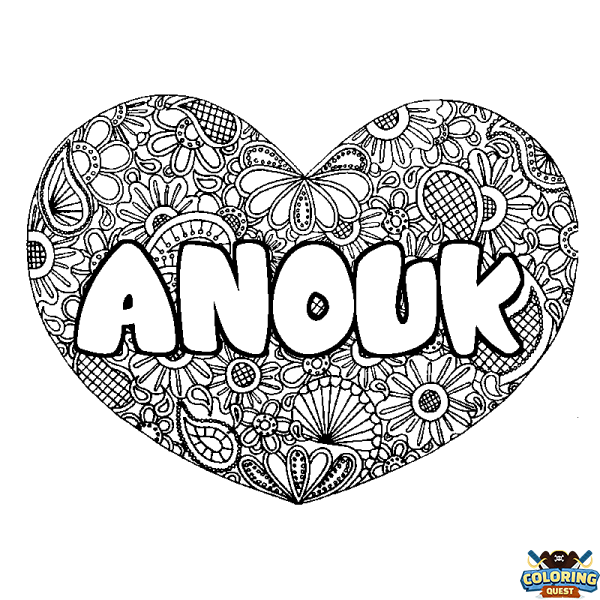 Coloring page first name ANOUK - Heart mandala background