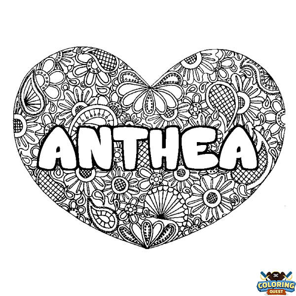 Coloring page first name ANTHEA - Heart mandala background