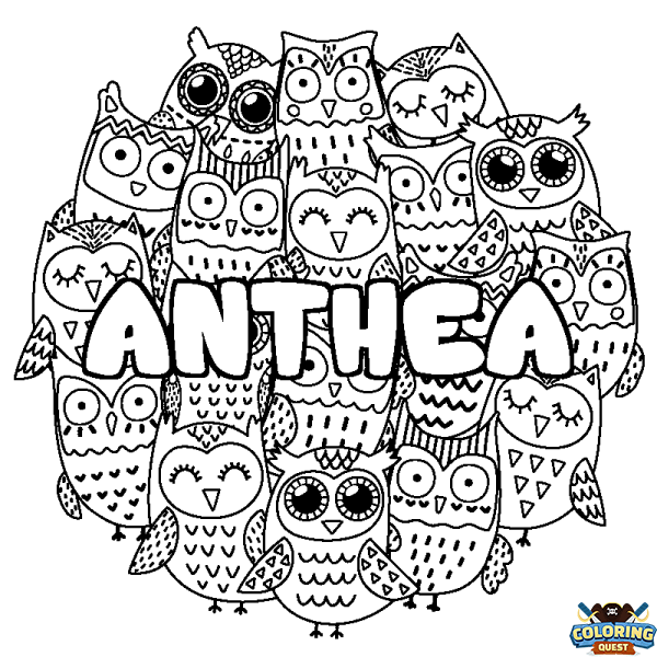 Coloring page first name ANTHEA - Owls background