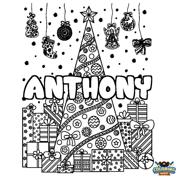 Coloring page first name ANTHONY - Christmas tree and presents background